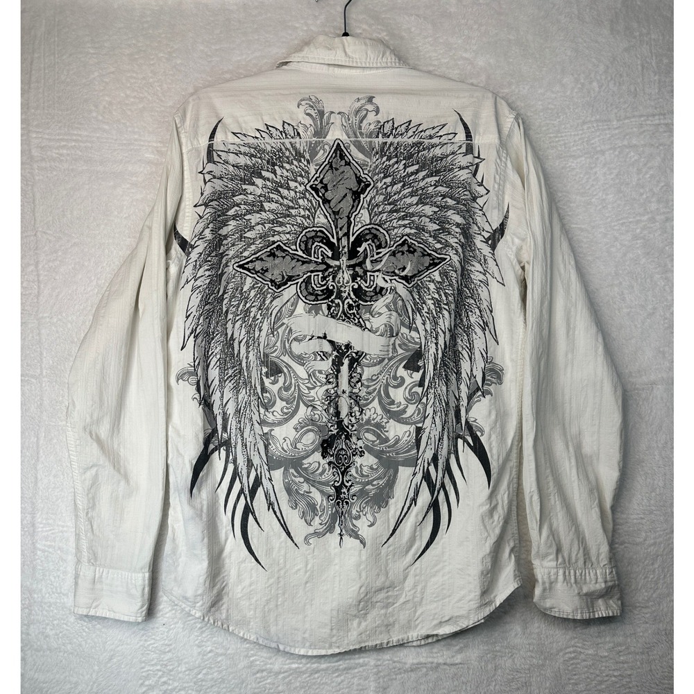Helix Graphic Button Down Shirt Mens Medium White Cross Wing Long Sleeve